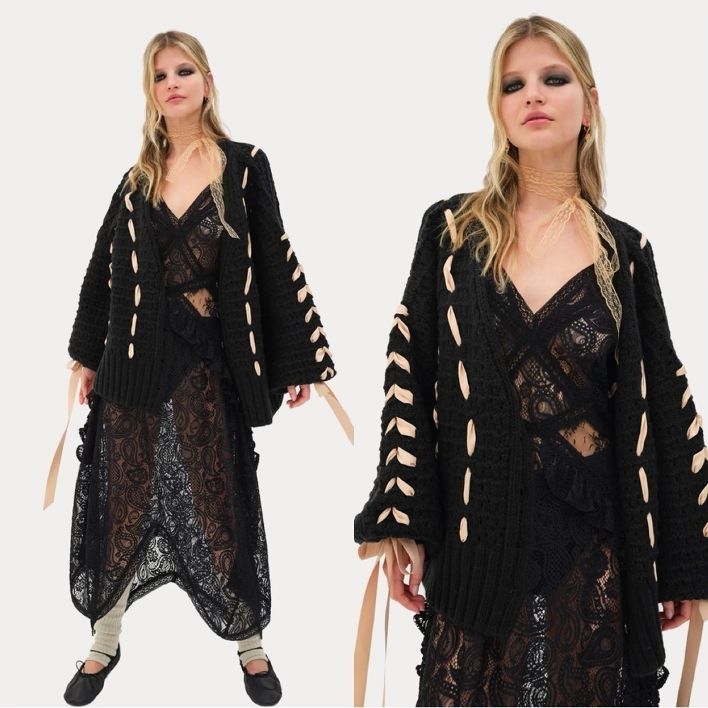 For Love & Lemons Brown Liberty Ribbon Cardigan In Black Goth Size Medium​​​​
